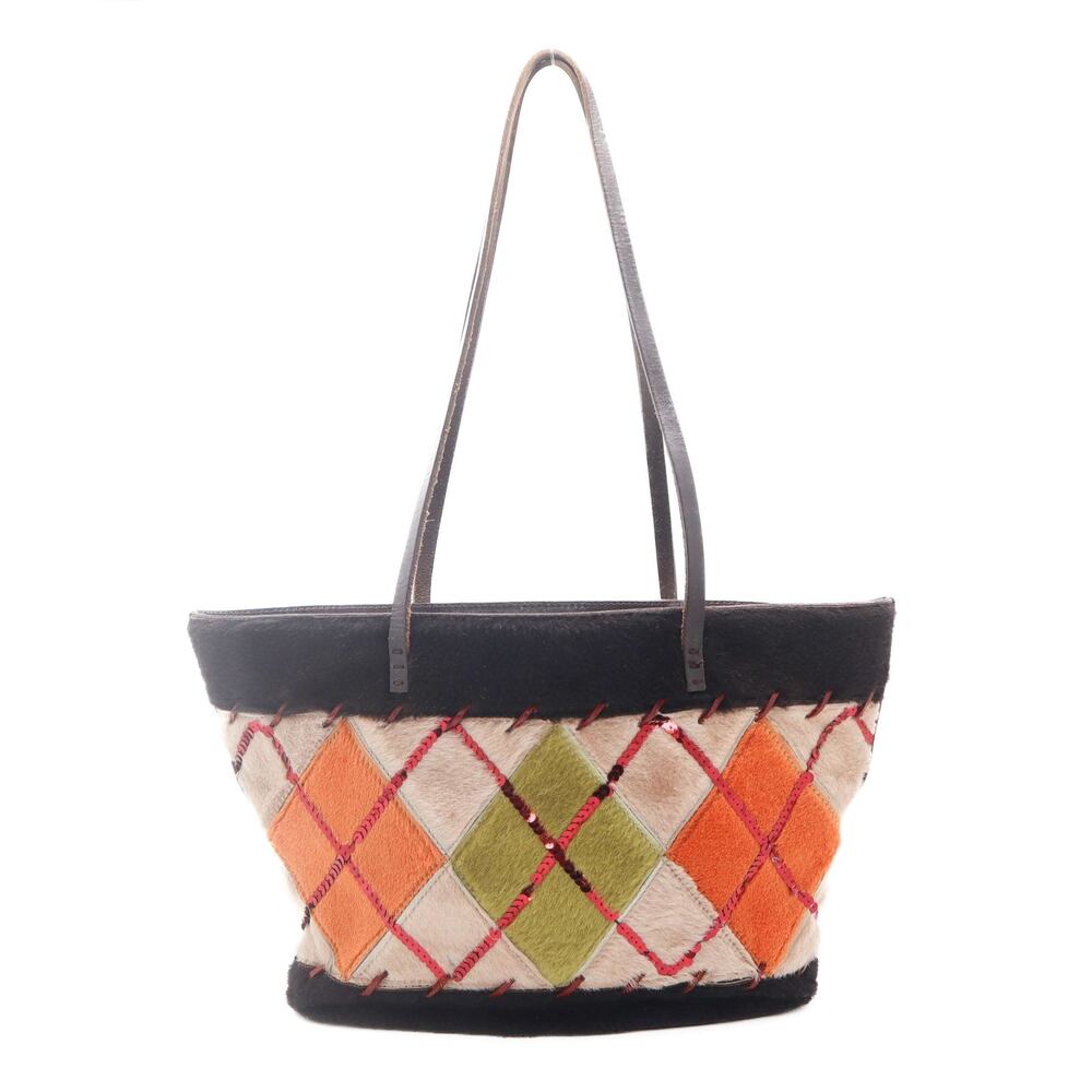 Moschino Vintage Fur Argyle Harlequin Diamond Sequin Leather Shoulder Bag